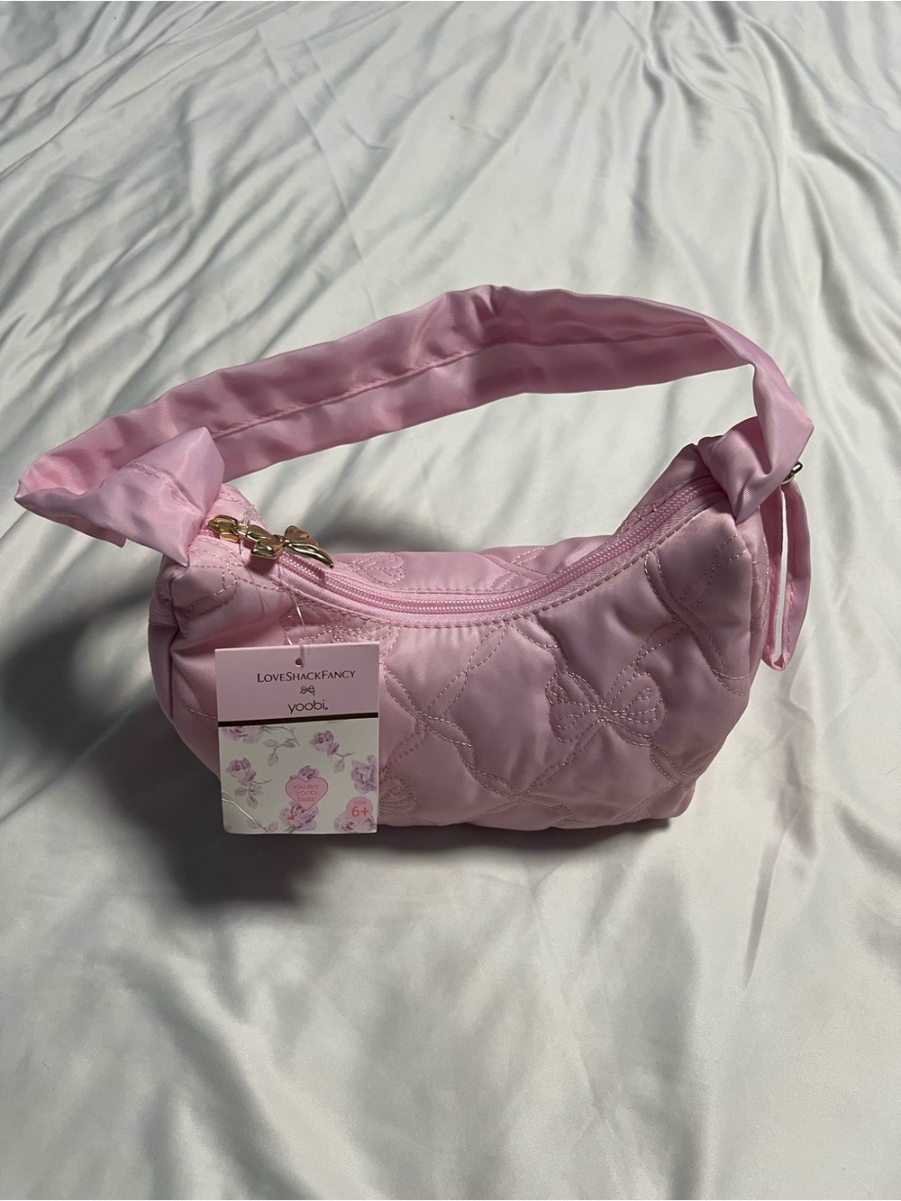 LoveShackFancy Pink Quilted Satin Shoulder Bag